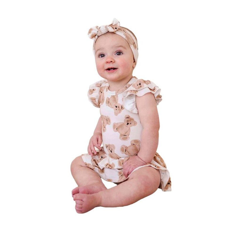 Bums & Roses Girls  Bear Hugs Cap Sleeve Ruffle Dress, Multicolor
